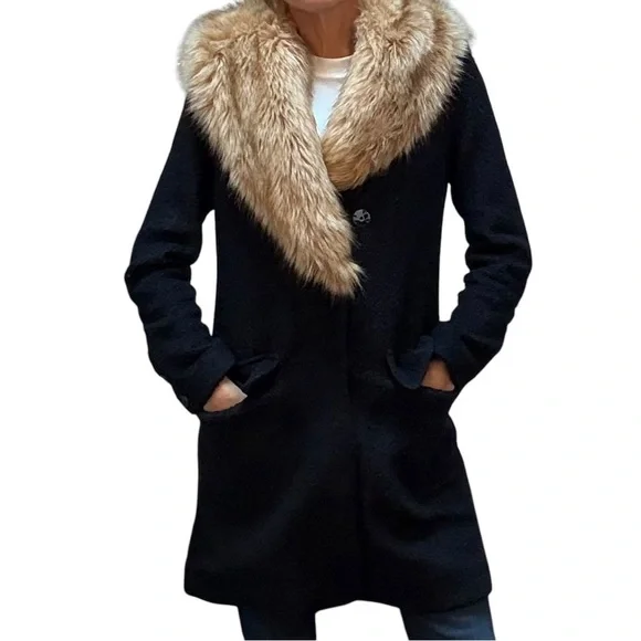 Belle Badgley Mischka Navy Blue Coat withh Faux Fur Size 2 - Picture 1 of 5